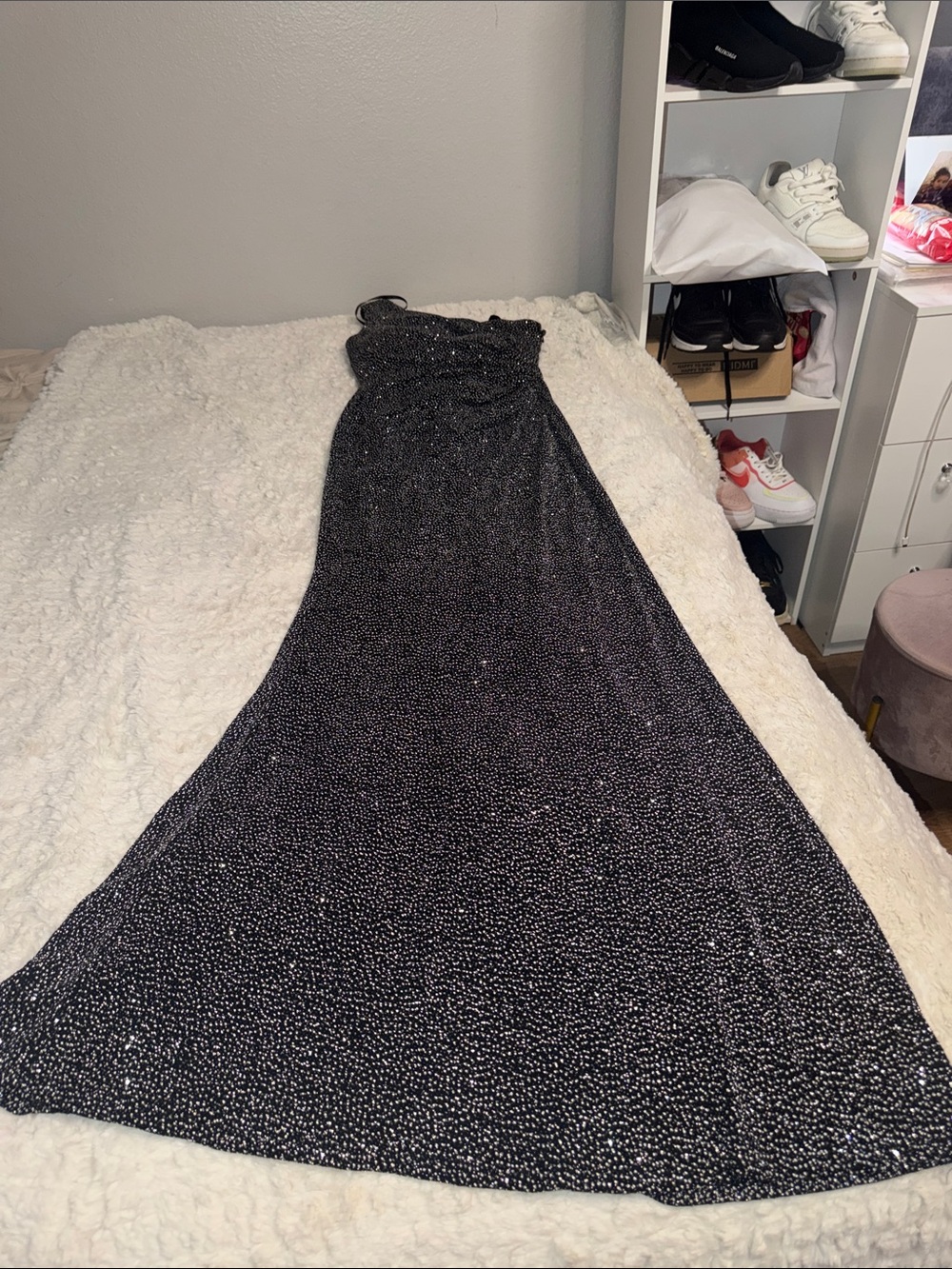 Black Sparkle Maxi Dress - One-Shoulder Evening Gown